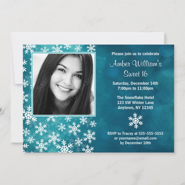 Snowflakes Turquoise, photo Sweet 16 Invitations (Devant)