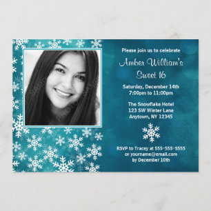 Snowflakes Turquoise, photo Sweet 16 Invitations