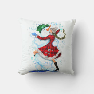 Snowman and Girl Dancers Funny Coussin de Noël