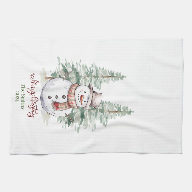 Snowman avec arbres Serviette de cuisine personnal (Horizontal)