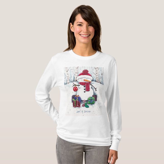 Snowman Avec Cadeaux En Aquarelle T-Shirt (Devant entier)