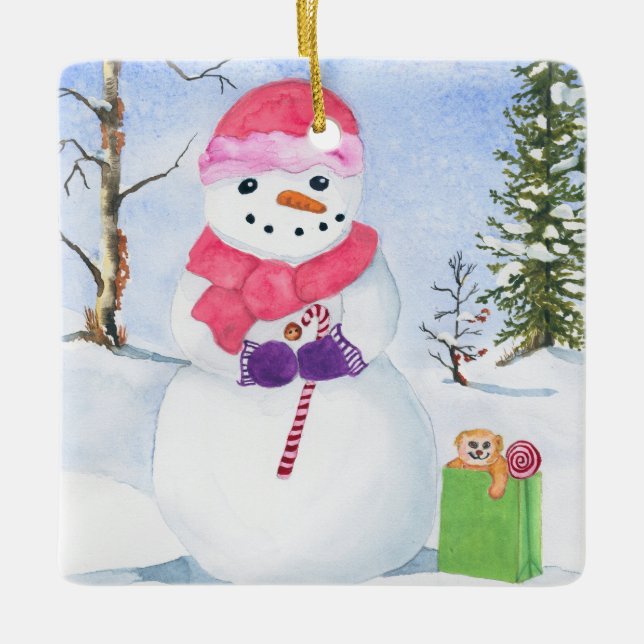 Snowman avec foulard rose et ornement sucre de can (Devant)