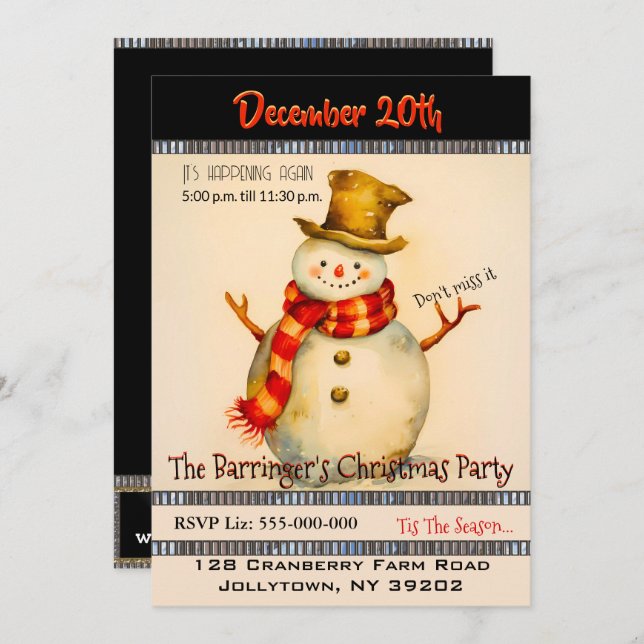 Snowman avec Top Hat Christmas Party Invitation (Devant / Derrière)