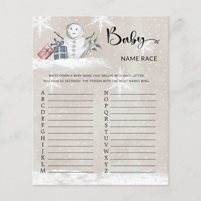 Snowman Baby shower Baby Name Race Game (Devant)