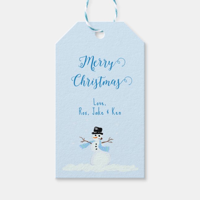 Snowman Bleu Joyeux Noël Cravate Sur les étiquette (Devant)