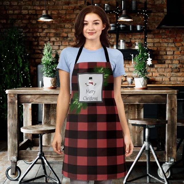 Snowman Buffalo a effectué Noël | Tablier rouge no (Red Snowman Buffalo Plaid Christmas Apron)