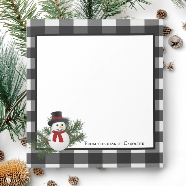 Snowman Buffalo Plaid Bloc-notes personnalisé (Black and White Smiling Snowman Buffalo Plaid Personalized Notepad)