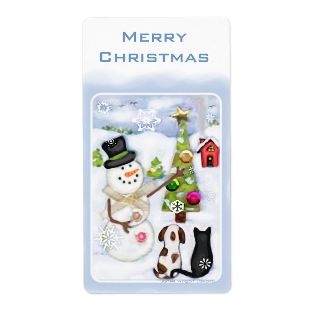 Snowman, Chien et Chat Étiquettes de Noël (Devant)