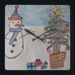 Snowman & Christmas Tree Horloge murale<br><div class="desc">Un très mignon bonhomme de neige a une laine toute neuve avait un foulard bleu confortable pour la saison des fêtes. Il est tellement ravi que c'est le réveillon de Noël et son sapin de Noël est magnifiquement décoré de baubles brillants et de tinsel scintillant. Les cadeaux aux couleurs vives...</div>