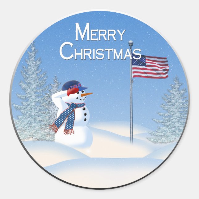 Snowman de Noël patriotique - Sticker rond (Devant)