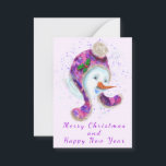 Snowman En Hiver Carte De Noël Casquette<br><div class="desc">Cartes de Noël avec Happy Snowman Dans Purple Pink Beanie Hiver Casquette amusant Collection de peinture de Noël - Personnalisable - ou Choisissez / Ajouter Votre Unique Texte / Nom / Couleur / Taille - Faites votre cadeau de carte spéciale - Redimensionnez et déplacez ou supprimez / ajoutez des éléments...</div>