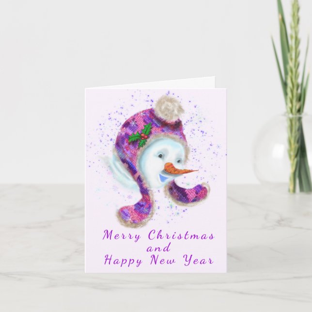 Snowman En rose violet Casquette Carte de Noël (Devant)