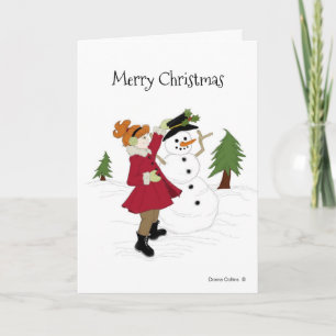 Snowman et petite fille sur une carte rouge