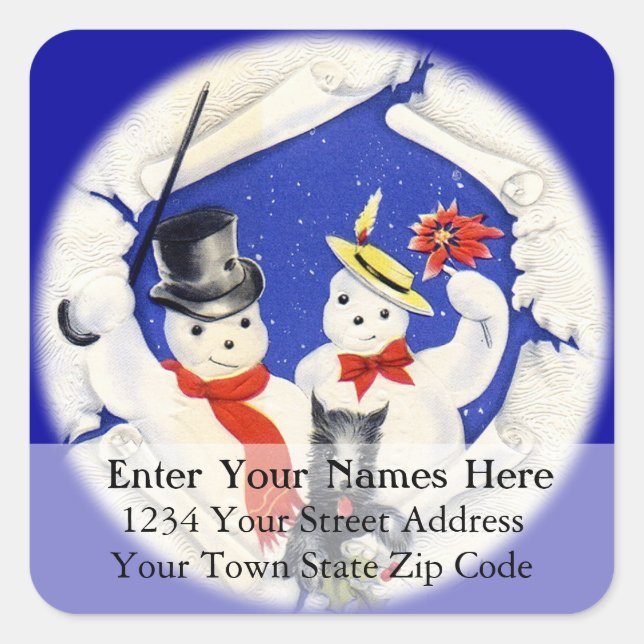 Snowman Family Vintage Noël Étiquette de adresse (Devant)