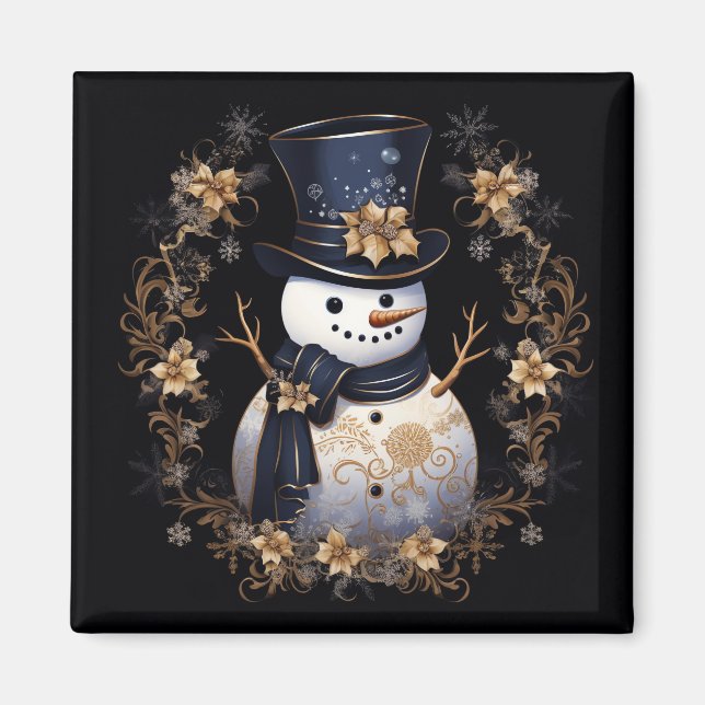 Snowman Gold Flowers Magnet de vacances (Devant)