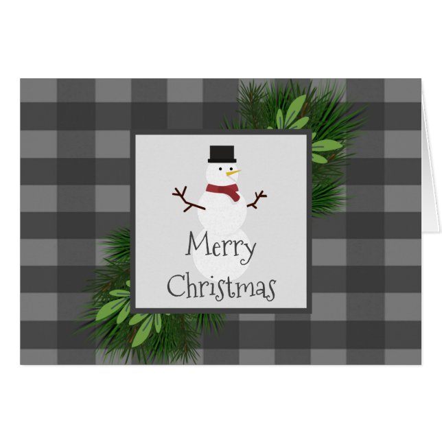 Snowman Gray Buffalo Plaid Greeting Card (Devant horizontal)
