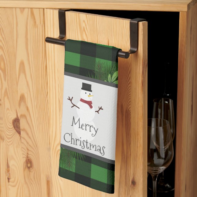 Snowman Green Buffalo Plaid Serviette de cuisine (Pliage en tiers)