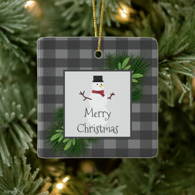 Snowman Gris Buffalo Plaid en céramique ornement (Arbre)