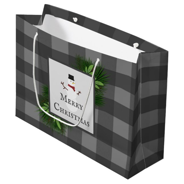 Snowman Gris Buffalo Plaid Sac cadeau (Devant Angle)