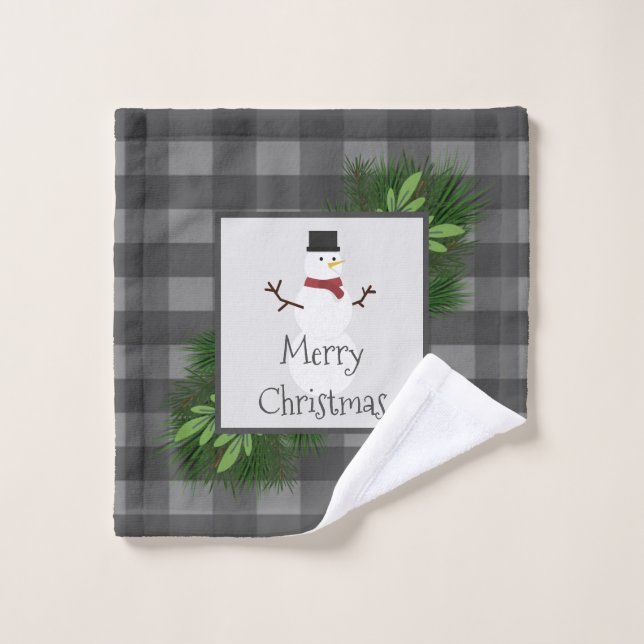 Snowman Gris Buffalo Plaid Serviette Set (Gant de toilette)
