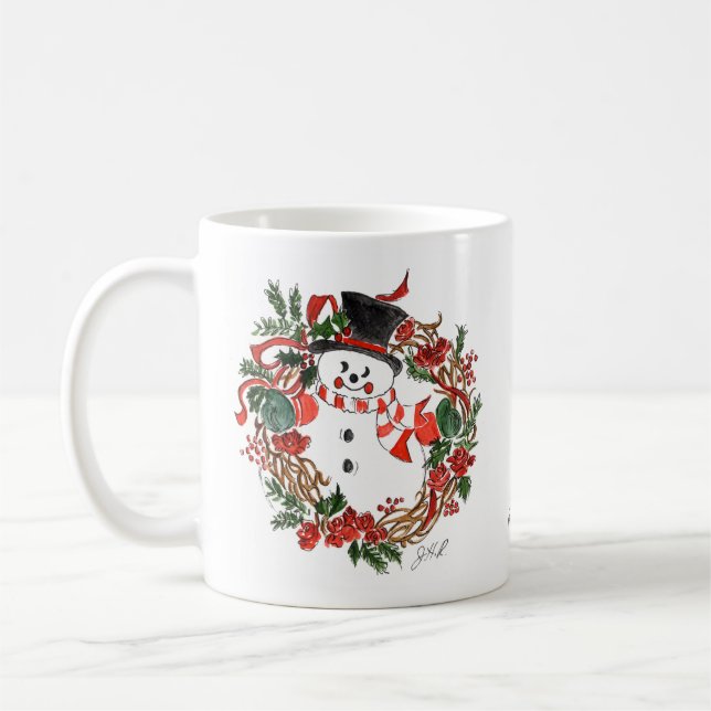 Snowman & Holly Holiday Coffee Mug White (Gauche)