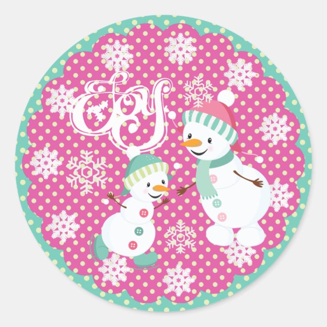 Snowman Joy Noël Snowflakes Round Sticker (Devant)