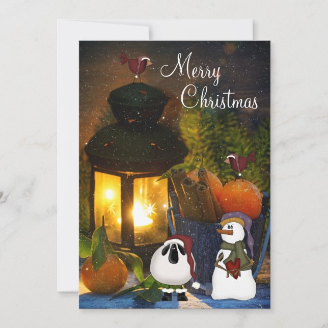 Snowman, moutons et oiseaux Joyeux carte de Noël (Devant)