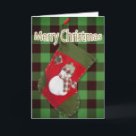 Snowman Noël Stocker Buffalo Plaid Modèle<br><div class="desc">Cette couverture de la carte de Noël douce comprend une photo d'un bas rouge et vert fait maison avec un bonhomme de neige adorable habillé d'un foulard et d'un casquette en plaid de saison placé sur un plaid de buffle vert. Personnalisez le message d'accueil intérieur, supprimez tout texte ou cliquez...</div>