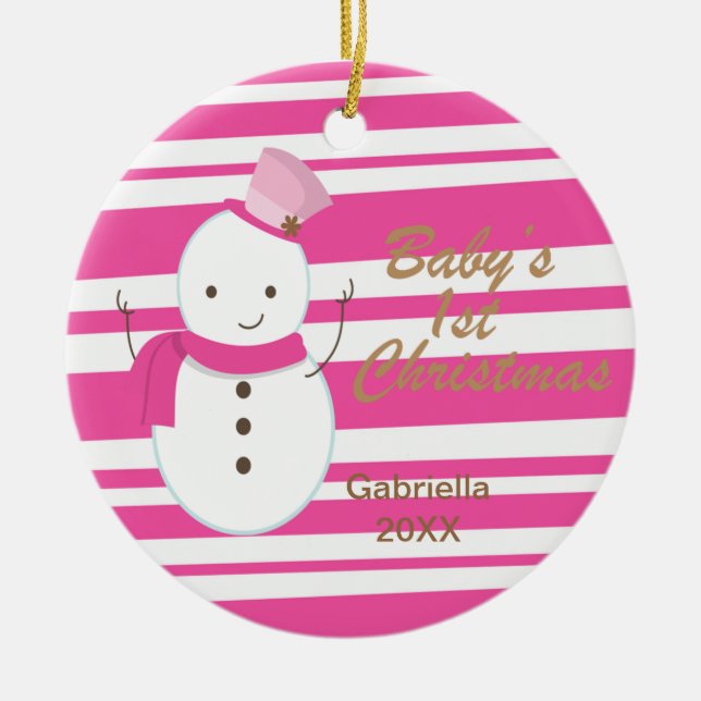 Snowman Pink Zebra 1er ornement de Noël pour bébé (Devant)