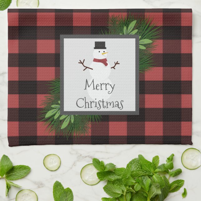 Snowman Red Buffalo Plaid Serviette de cuisine (Plié)