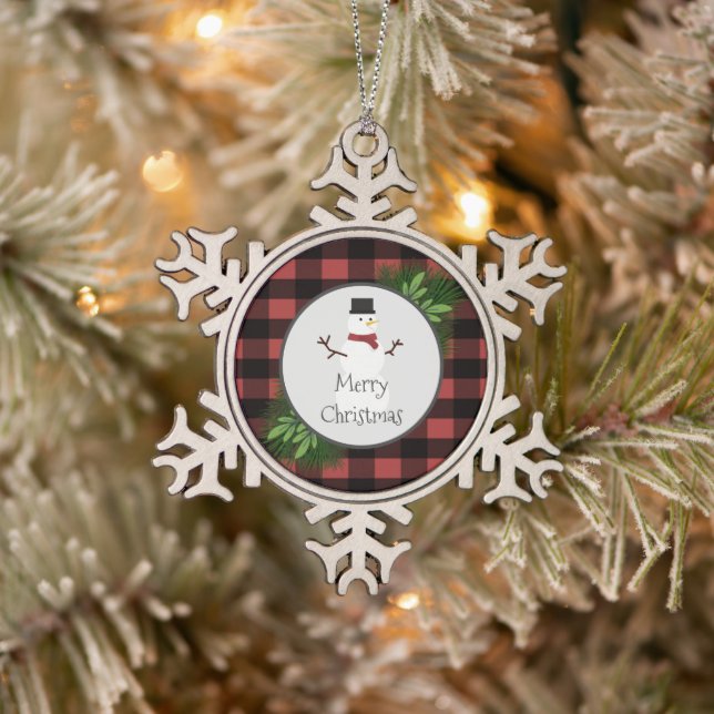 Snowman Red Buffalo Plaid Snowflake Ornement (Arbre)
