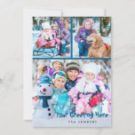 Snowman, Salutation personnelle avec trois photos<br><div class="desc">Ce petit bonhomme de neige souriant avec casquette bleu et foulard envoie vos salutations personnalisées à votre famille et à vos amis avec trois de vos photos préférées. L'envers est décoré d'un flocon de neige aquarelle. Cliquez sur l'onglet PERSONNALISER pour apporter des modifications supplémentaires à votre guise, comme changer le...</div>