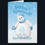 Snowman Wonderland pour la carte de Noël Père<br><div class="desc">Petit bonhomme de neige mignon avec un casquette d'hiver bleu et mitaines comme des flocons de neige délicats tombent dans le ciel bleu est un design de Noël délicieux pour les salutations à votre Père spécial. Vous pouvez également profiter des timbres et des cadeaux assortis disponibles dans mon magasin. Art...</div>