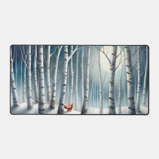 Snowy Birch Forest Desk Mat with Fox (Recto)