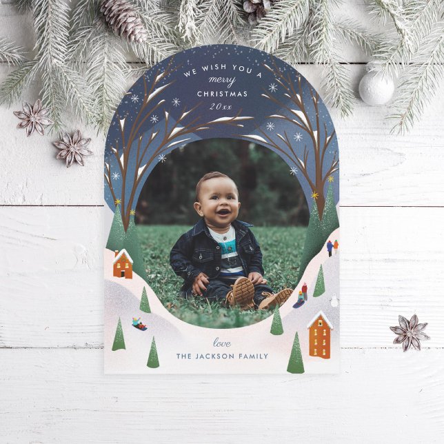 Snowy Village Winter Scene Carte photo de Noël (Créateur téléchargé)