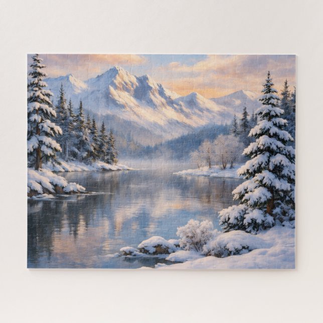 Snowy Winter Mountain Lake Reflection Puzzle (Horizontal)