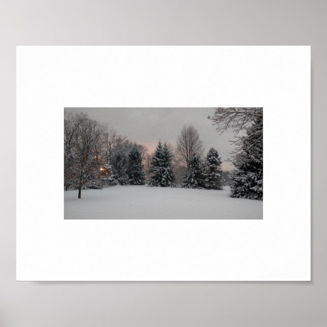Snowy winter sunset with pine trees poster (Devant)