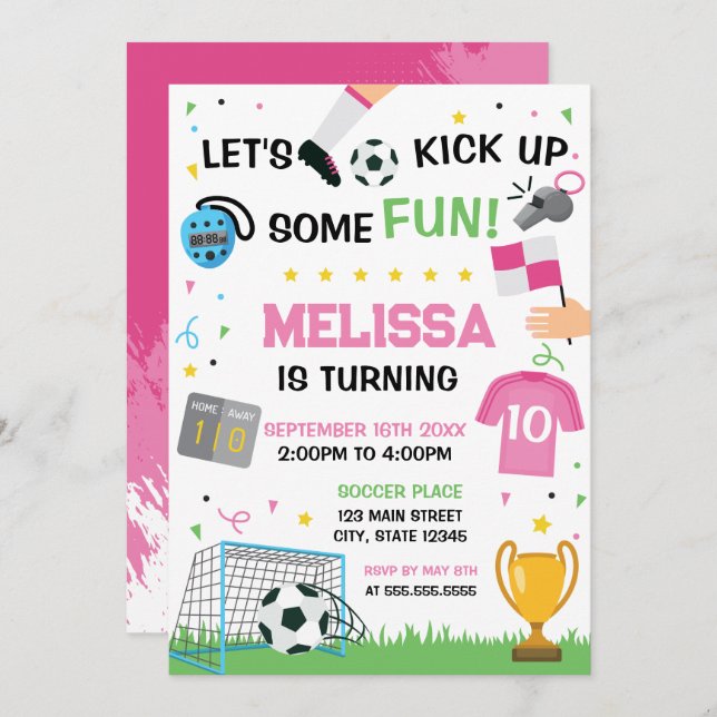 Soccer Birthday girl Invitation (Devant / Derrière)