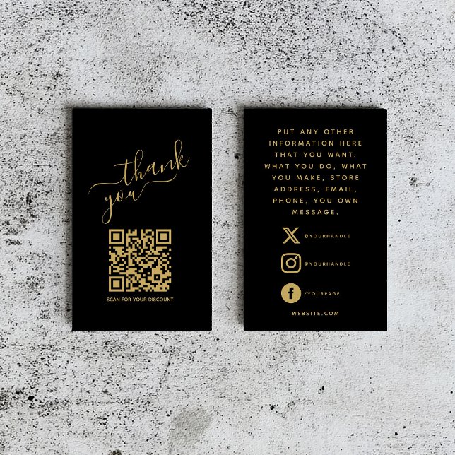 Social QR code or merci insérer Carte (Elegant black thank you insert card with gold script, QR code, and social media details.)