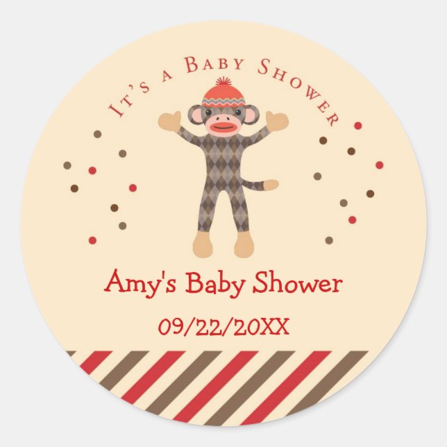 Sock Monkey Baby shower Favoriser Sticker (Devant)