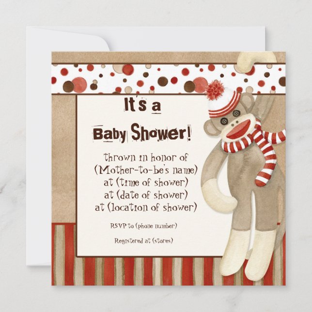 Sock Monkey, Boy Baby shower Invitation (Devant)
