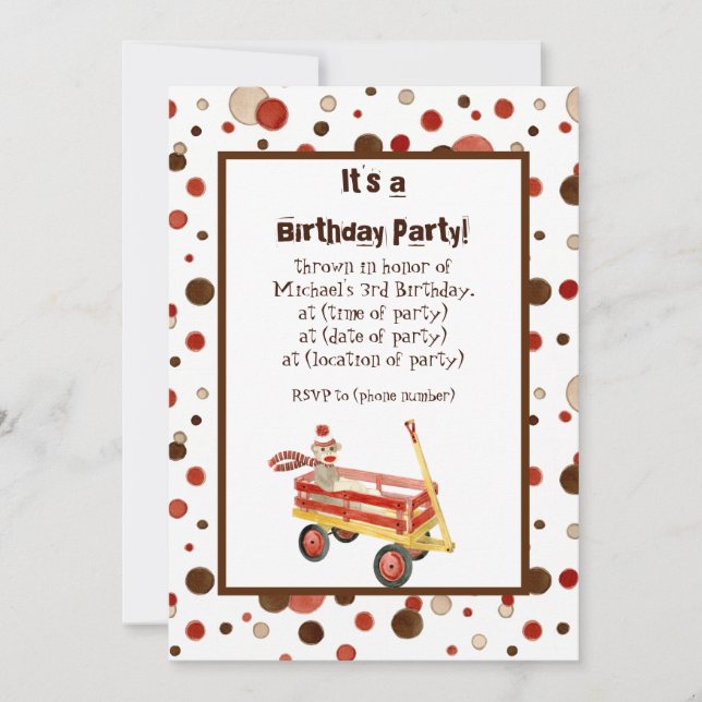 Sock Monkey, Boy Birthday Party Invitation (Devant)