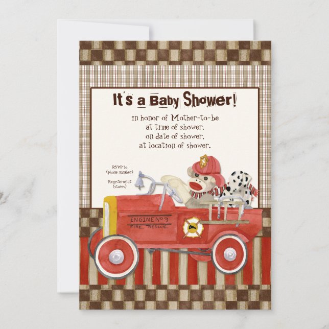 Sock Monkey, Fire Truck Boy Invitation Baby shower (Devant)