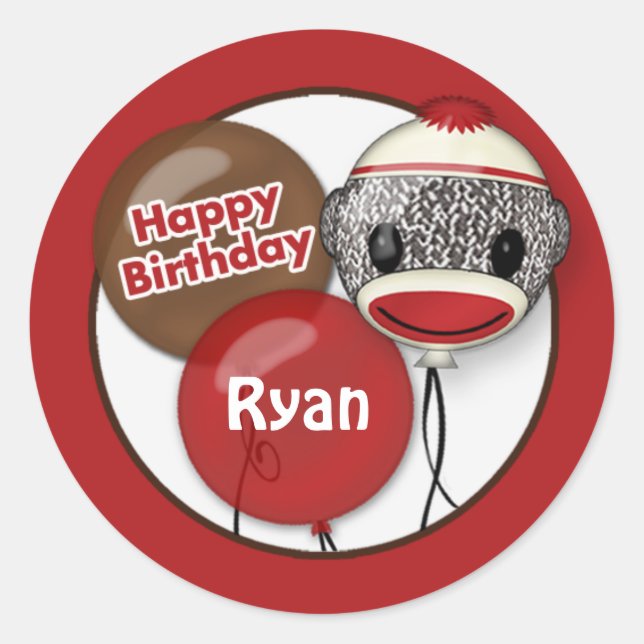 SOCK MONKEY "Joyeux anniversaire" Autocollant rond (Devant)