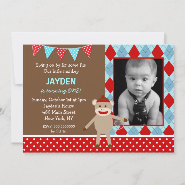 Sock Monkey Photo Invitations pour la fête d'anniv (Devant)