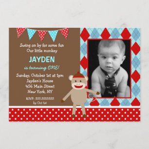 Sock Monkey Photo Invitations pour la fête d'anniv