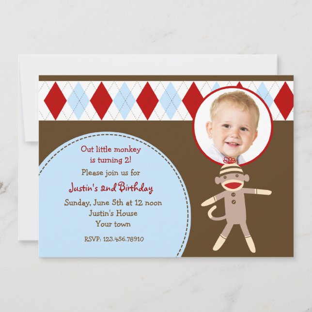Sock Monkey Photo Invitations pour la fête d'anniv (Devant)