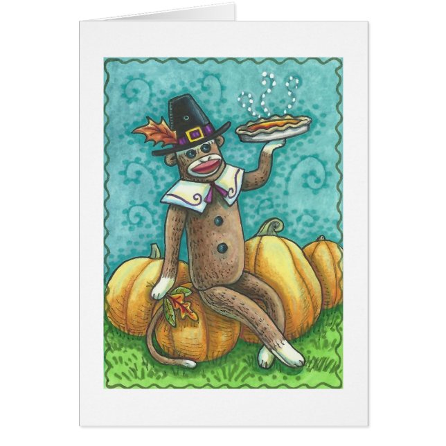 SOCK MONKEY THANKSGIVING GREETING CARD Blank (Devant)