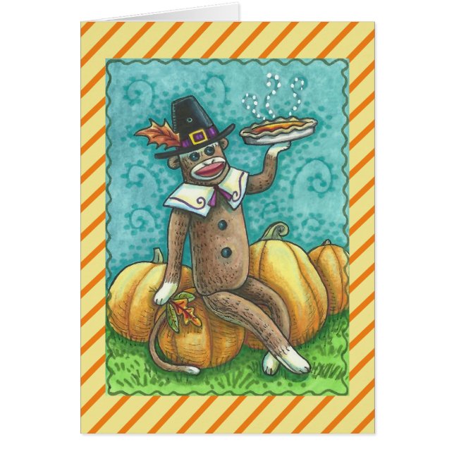 SOCK MONKEY THANKSGIVING GREETING CARD Blank (Devant)