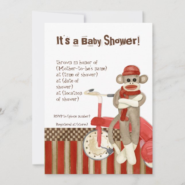 Sock Monkey, Tricycle, Boy Baby shower Invitation (Devant)